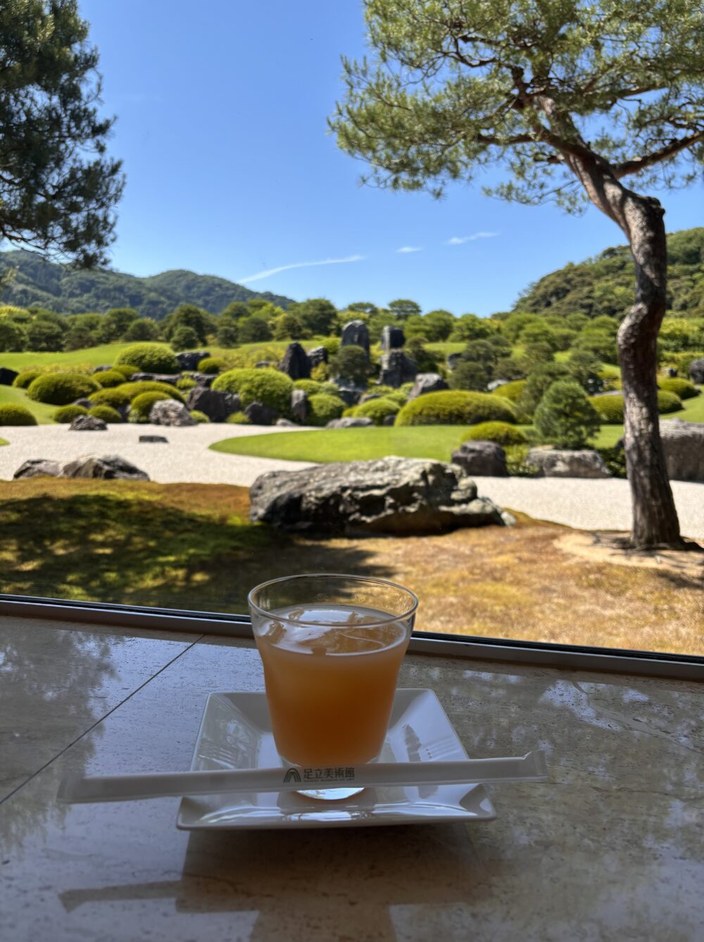 足立美術館の庭の風景とジュースの写真